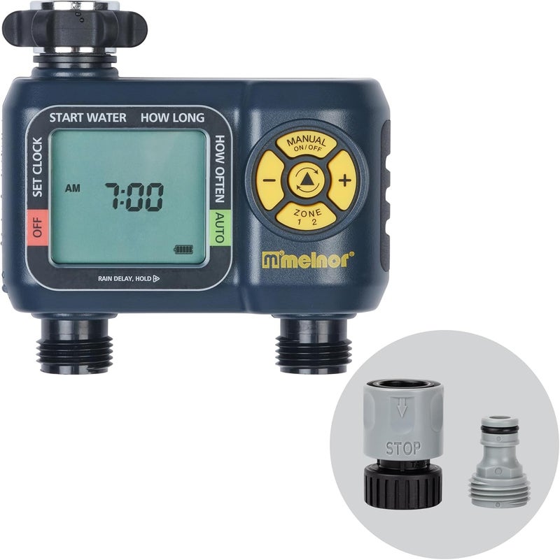 Melnor 65139AMZ AquaTimer Digital Hose Timer, 2-Zone Programmable Watering Timer, Quick Connect Bundle, Black, Yellow - Image 1